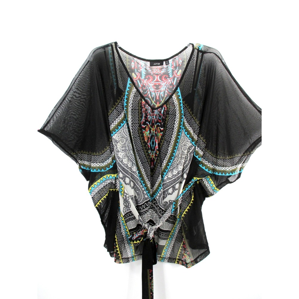 APT 9 Women 2X Black Mesh Lined Butterfly Kaftan Top Bohemian Batik Blouse